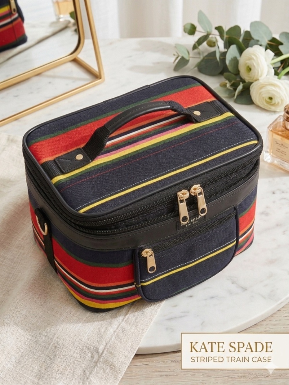 Kate Spade NY Striped Train Case Makeup Bag Travel Cosmetic Case Multicolor